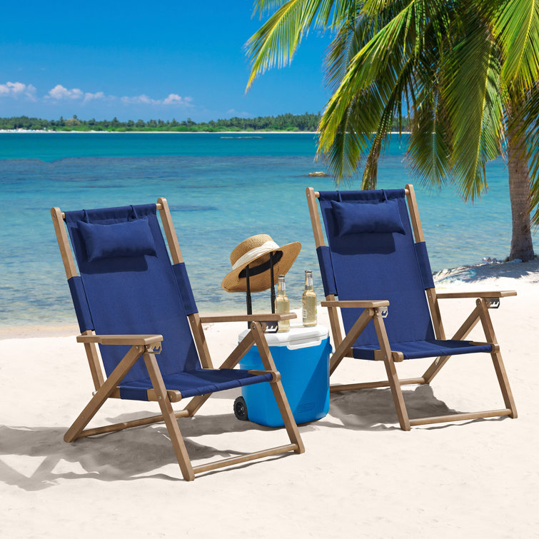 2 Beach Chairs Outdoor Weather Resistant Wood Folding Chairs with Carry Straps and Reclining Seat Beach Essentials by Lavish Home